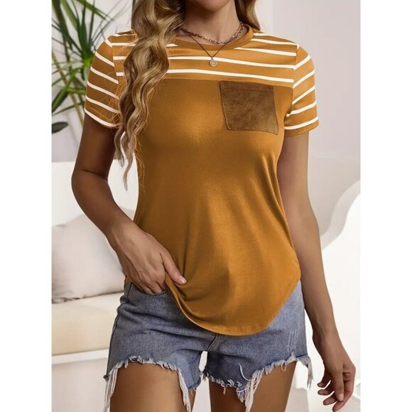 SHEIN Women's Striped T-Shirt Faux Suede Pocket Multicolor Size M Short Sleeve - Picture 1 of 5